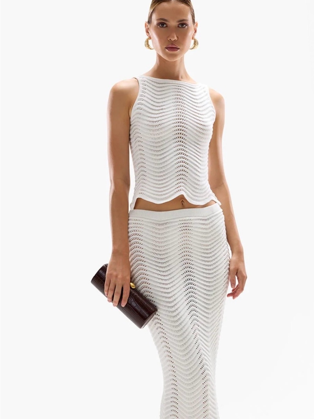 Sleeveless White Crochet Maxi Skirt Set - Women